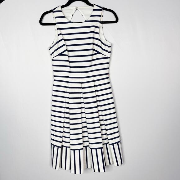 Eliza J 2 Navy Blue White Striped Fit and Flare Dress Pleated Keyhole Pockets - Picture 1 of 14